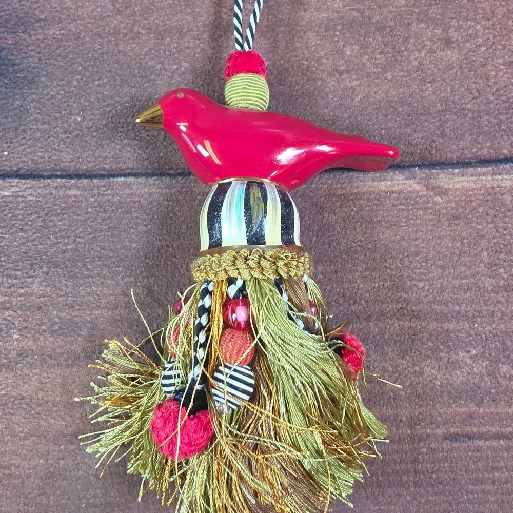 MacKenzie-Childs Cardinal Tassel Ornament OS Red Good Ceramic Beaded Fringe